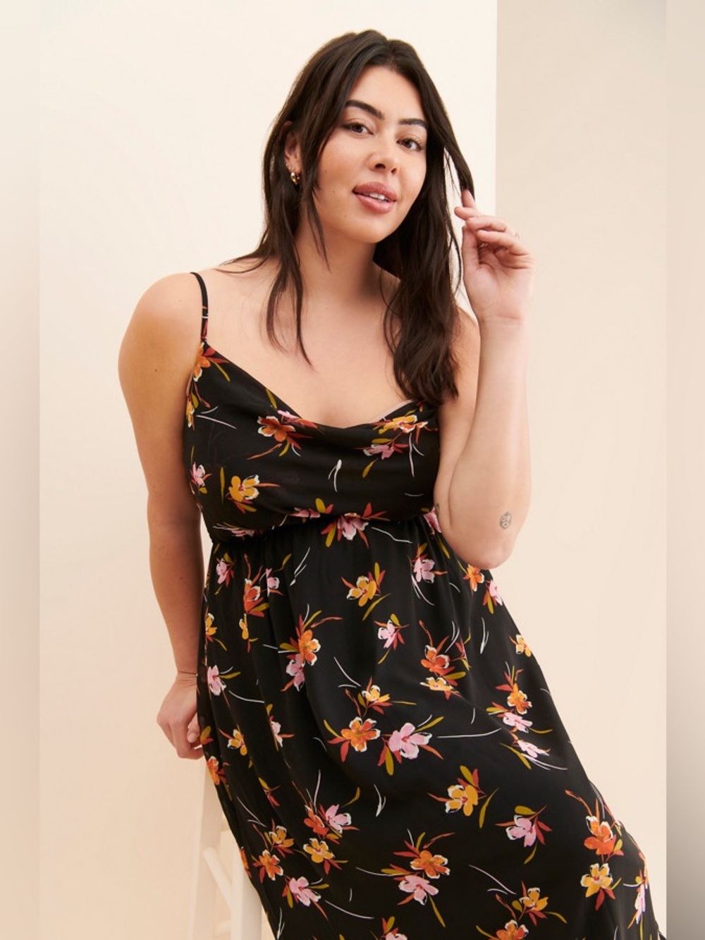 Lost + Wander Black Floral Maxi Dress with Pink & Orange Flowers